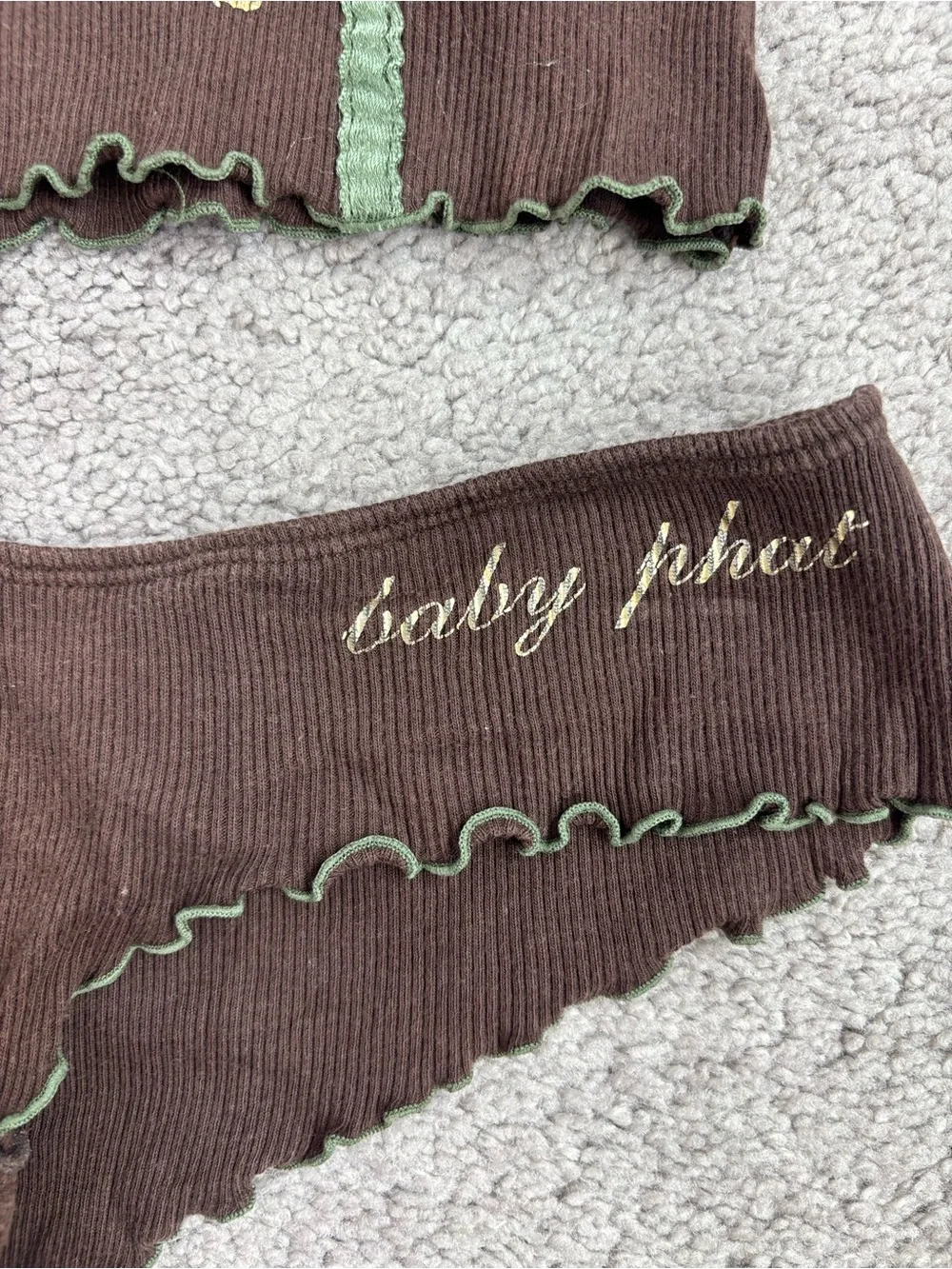 Vintage Y2K Baby Phat Lace Pajama Set Brown Green Small 2 Piece Set Ribbed Cami